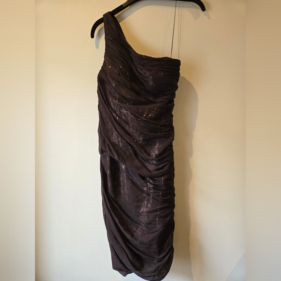 Aidan Mattox Brown One Shoulder Sequin Mesh Overlay Gathered Dress Size 4 - Picture 2 of 12
